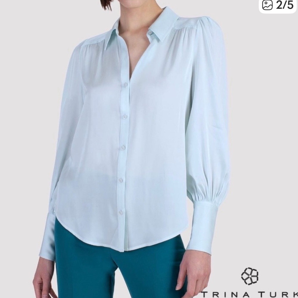 Trina Turk Sagittarius Blue Frost silk blend blouse in XL, NWT